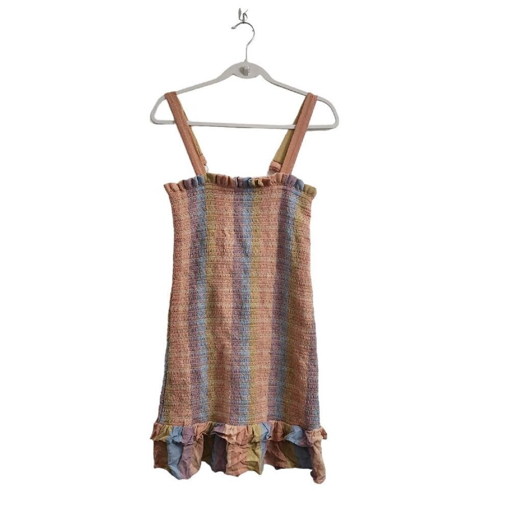 American Eagle Mini Dress  Small Striped Pastel‎ Rainbow Bodycon Smocked Ruffled